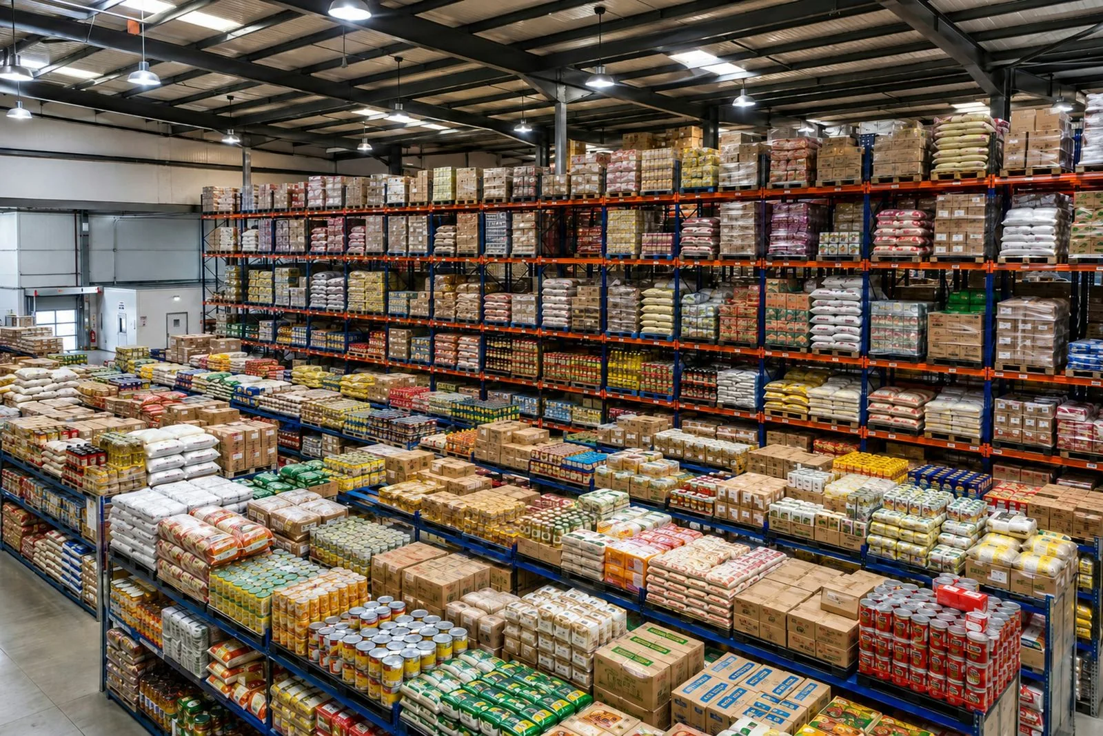 Warehouse racks stacked with rice, cooking oil, canned food and boxed goods